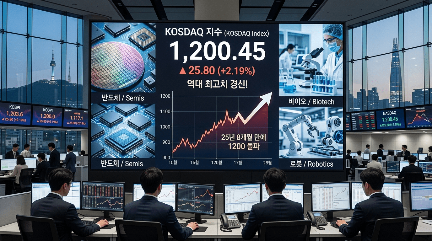 닷컴버블 뒤 약 스물다섯 해 여덟 달 만에 코스닥지수가 천이백대 돌파로 장을 마쳤다