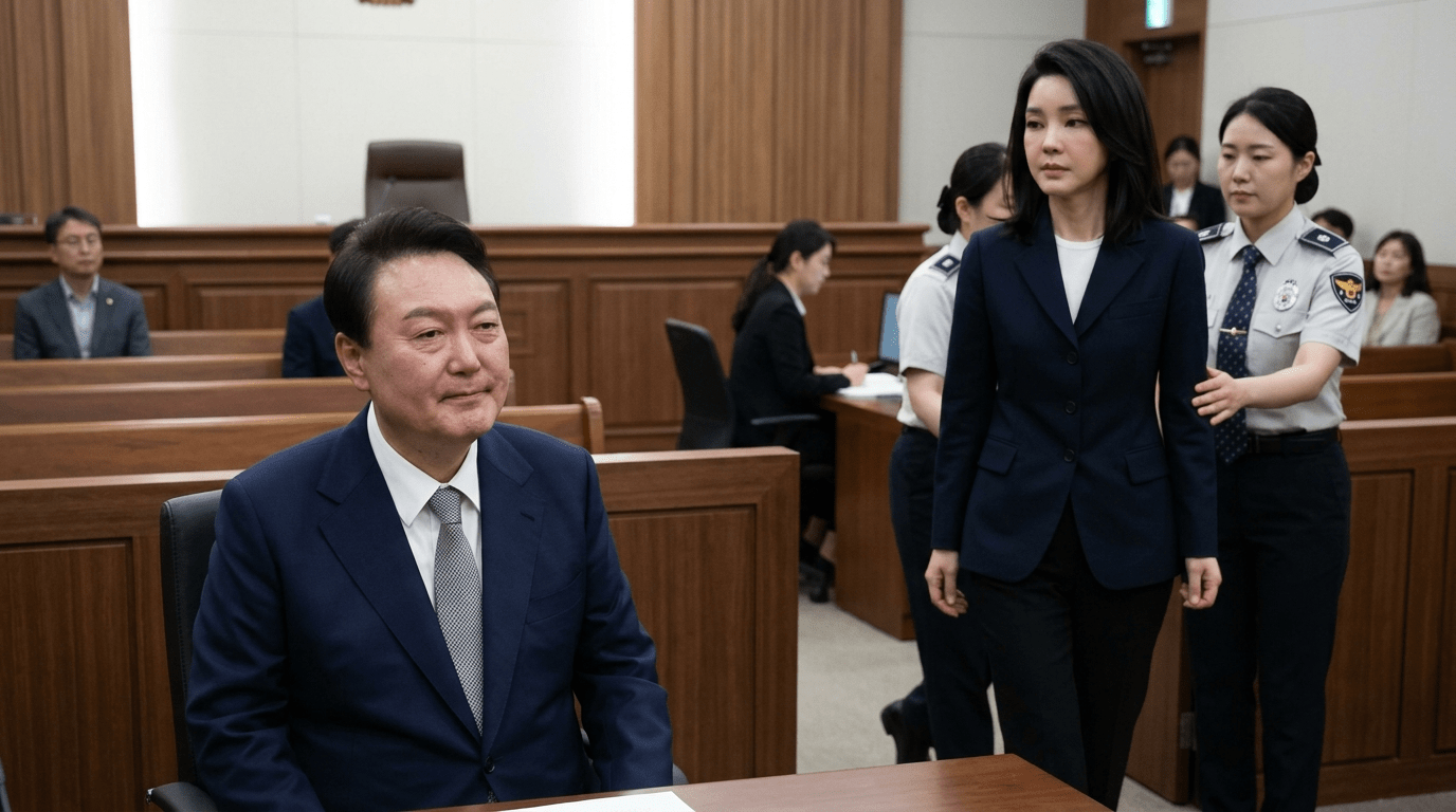 법정에서 처음 마주한 윤, 김건희를 바라보며 희미한 미소… 김건희는 정면만 응시