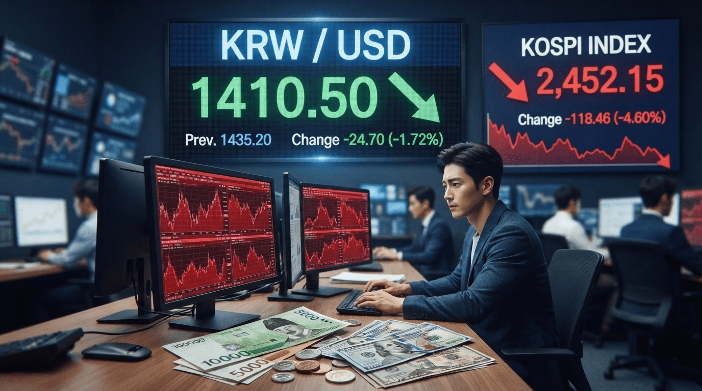 환율 1410원대 돌파…주가 4.6% 폭락 속에서도 원화 강세 굳어짐