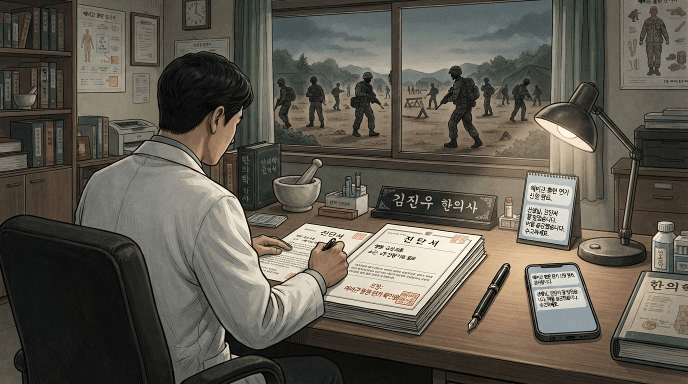 한의사가 건당 3만 원에 예비군 훈련 연기를 명분으로 위조 진단서 1,430장을 발급하고, 결국 구속·기소되었다